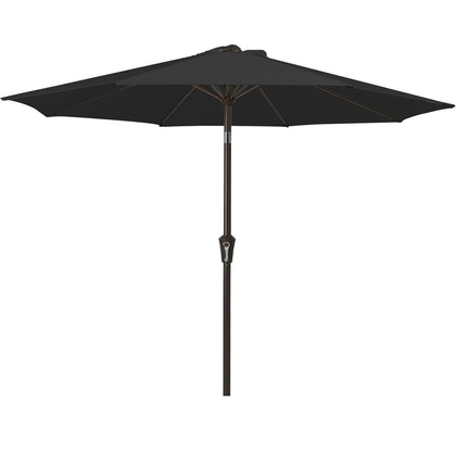 MEWAY 9ft patio umbrella canopy shading an outdoor dining setup.