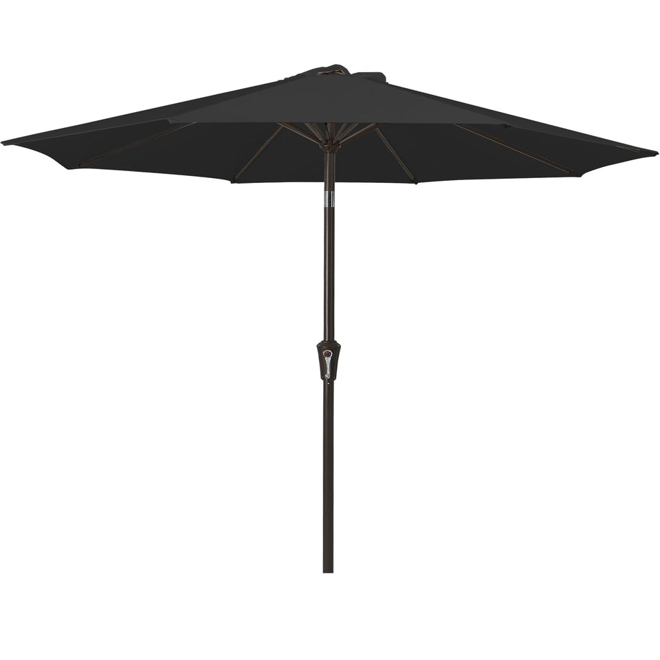 MEWAY 9ft patio umbrella canopy shading an outdoor dining setup.