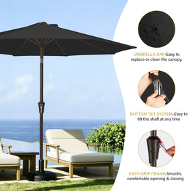 MEWAY outdoor dining under umbrella near pool or deck.