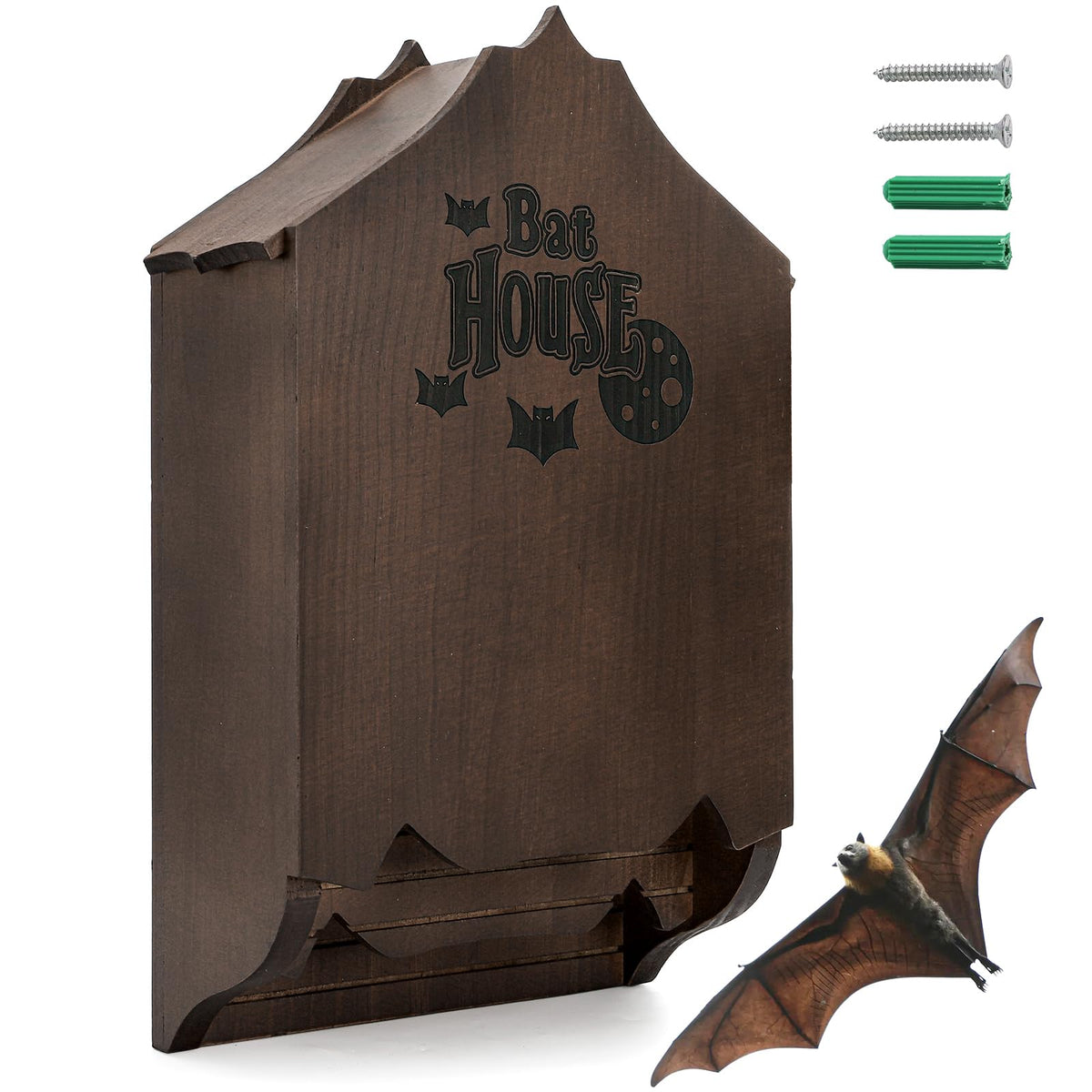 Mezchi bat house outdoors front view with dual roosting chambers.
