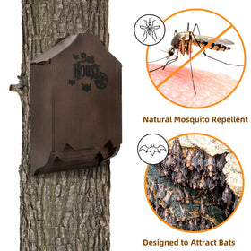 Mezchi bat house outdoors close-up of natural wood grain blending with yard.