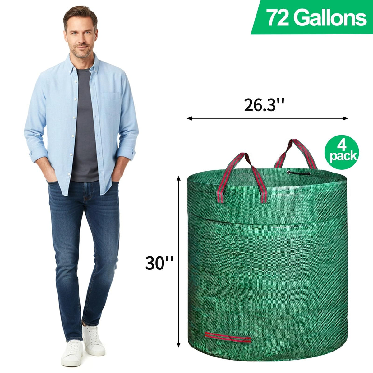 Mezchi 72-gallon open-top yard bags with hoops staying upright.