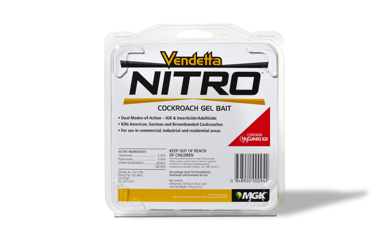 MGK Vendetta Nitro cockroach gel tube ready for precise bait placement to curb infestations.