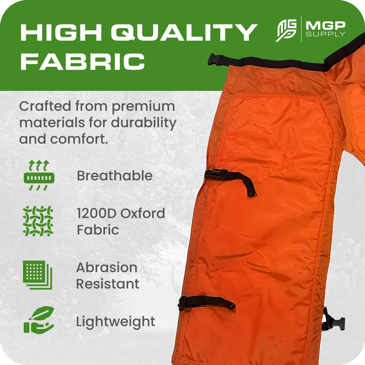 MGP SUPPLY chaps featuring a utility pocket and zip closure for secure storage