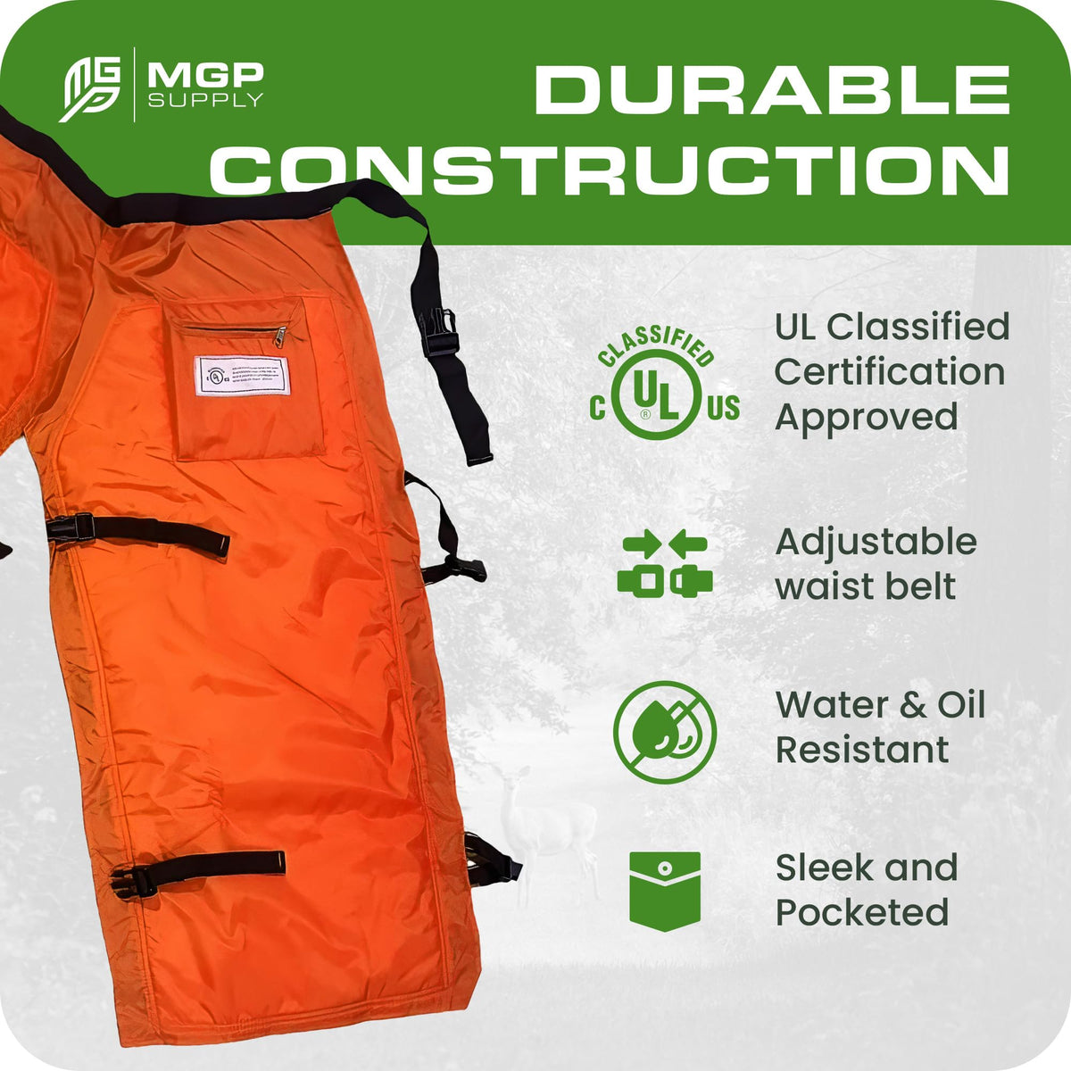MGP SUPPLY OSHA and ASTM compliant chaps ensure reliable leg protection