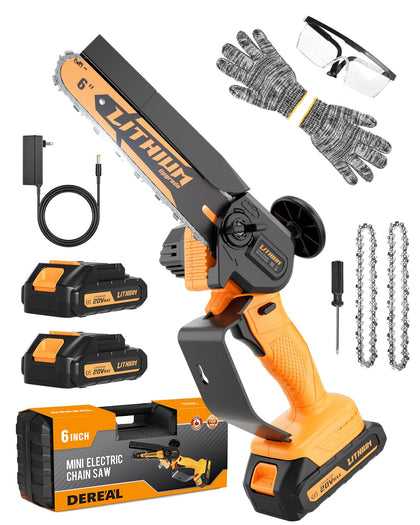 MGYM 6-inch cordless mini chainsaw cutting a branch for pruning and tidying