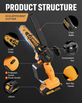 MGYM 6-inch mini chainsaw shown in hand highlighting its lightweight design