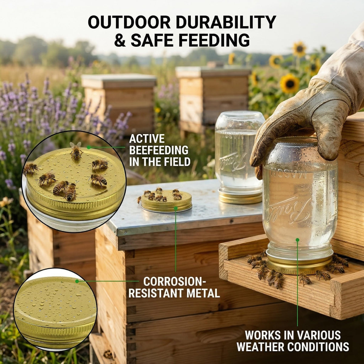 MHFOOU metal bee water feeder lid provides durable, portable hive water access
