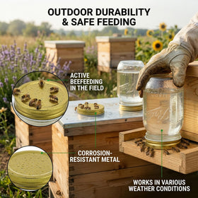 MHFOOU metal bee water feeder lid provides durable, portable hive water access