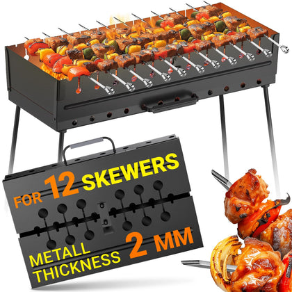 MHH charcoal grill with 12 skewers, open view for kebabs.