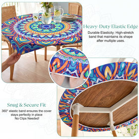 MHJY round tablecloth demonstrates easy install with decorative pattern