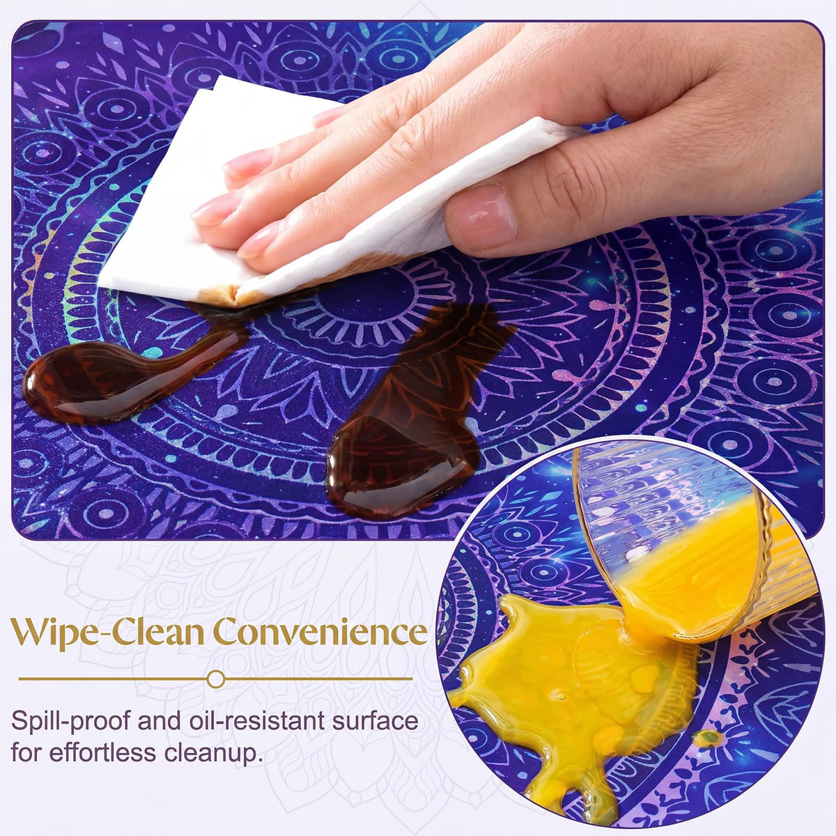 MHJY round tablecloth showing quick, easy setup and wrinkle resistance.