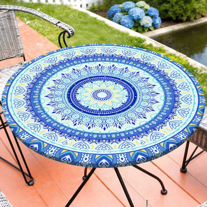 MHJY round tablecloth elastic edge close-up showing secure fit for indoor and outdoor use.