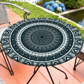 MHJY round tablecloth with elastic edge for secure, wind-resistant fit.