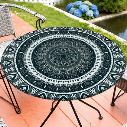 MHJY round tablecloth with elastic edge for secure, wind-resistant fit.