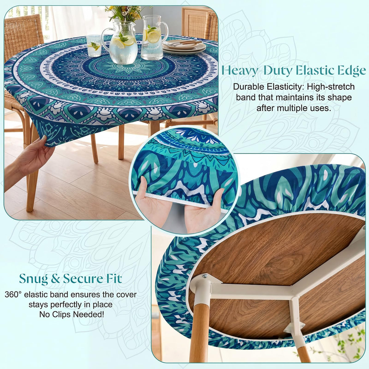 MHJY elastic-edge round tablecloth for a secure fit on round tables.
