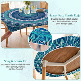 MHJY elastic-edge round tablecloth for a secure fit on round tables.