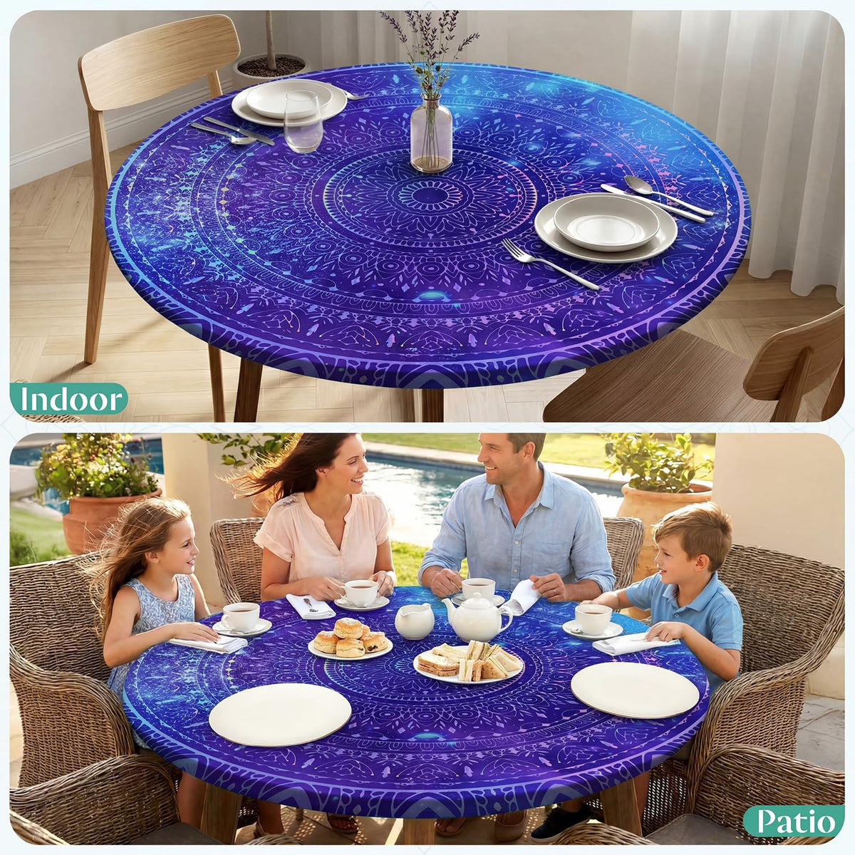 MHJY round tablecloth ideal for indoor and outdoor use on round tables.