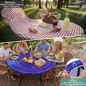 MHJY round tablecloth in bright colors enhances dining ambience.