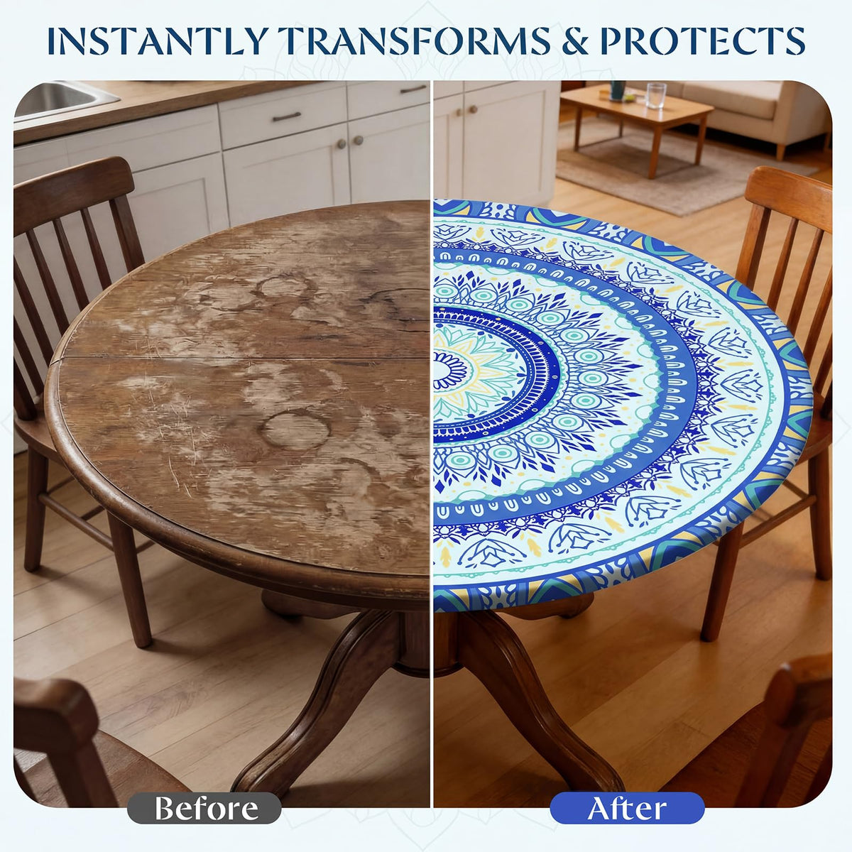 MHJY round tablecloth size M fits 45–56 inch diameter for larger tables.