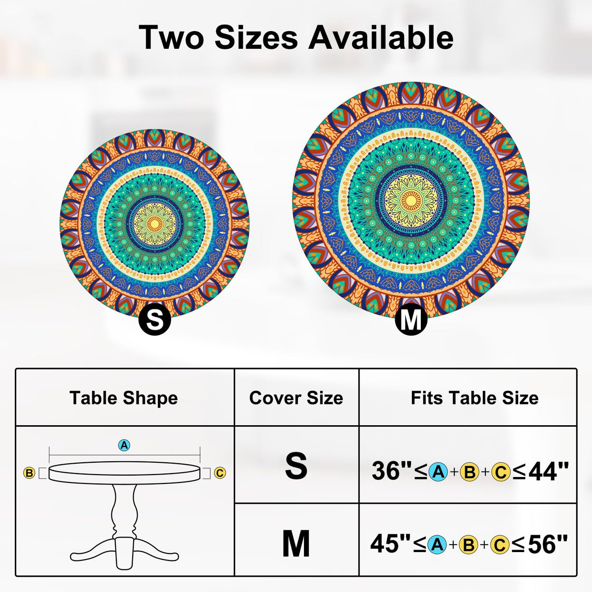 MHJY round tablecloth size M fits 45–56 inch tables.