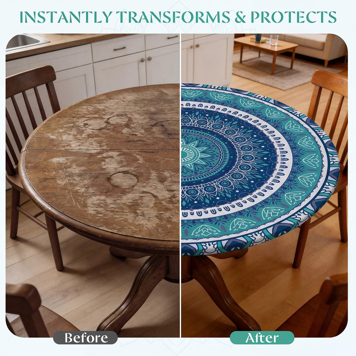 MHJY round tablecloth fits 45-56 inch tables for larger rounds.