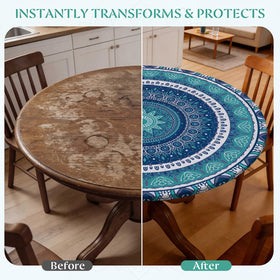 MHJY round tablecloth fits 45-56 inch tables for larger rounds.