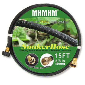 MHMHM five-eighth-inch soaker hose with brass fitting for efficient garden irrigation.