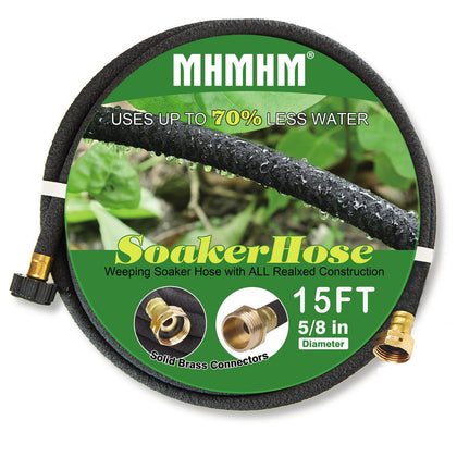 MHMHM five-eighth-inch soaker hose with brass fitting for efficient garden irrigation.