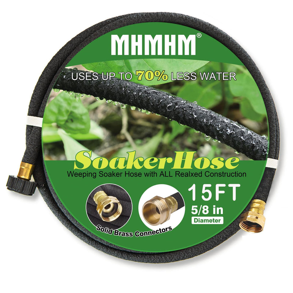 MHMHM five-eighth-inch soaker hose with brass fitting for efficient garden irrigation.