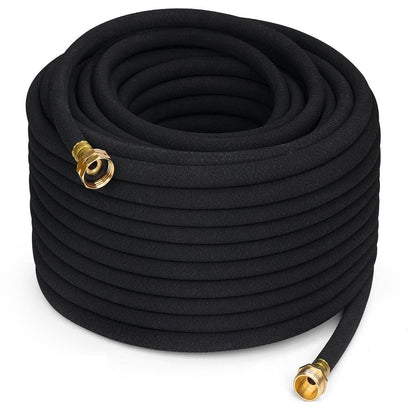 MHMHM heavy-duty soaker hose for 50ft with rugged rubber body and efficient irrigation.
