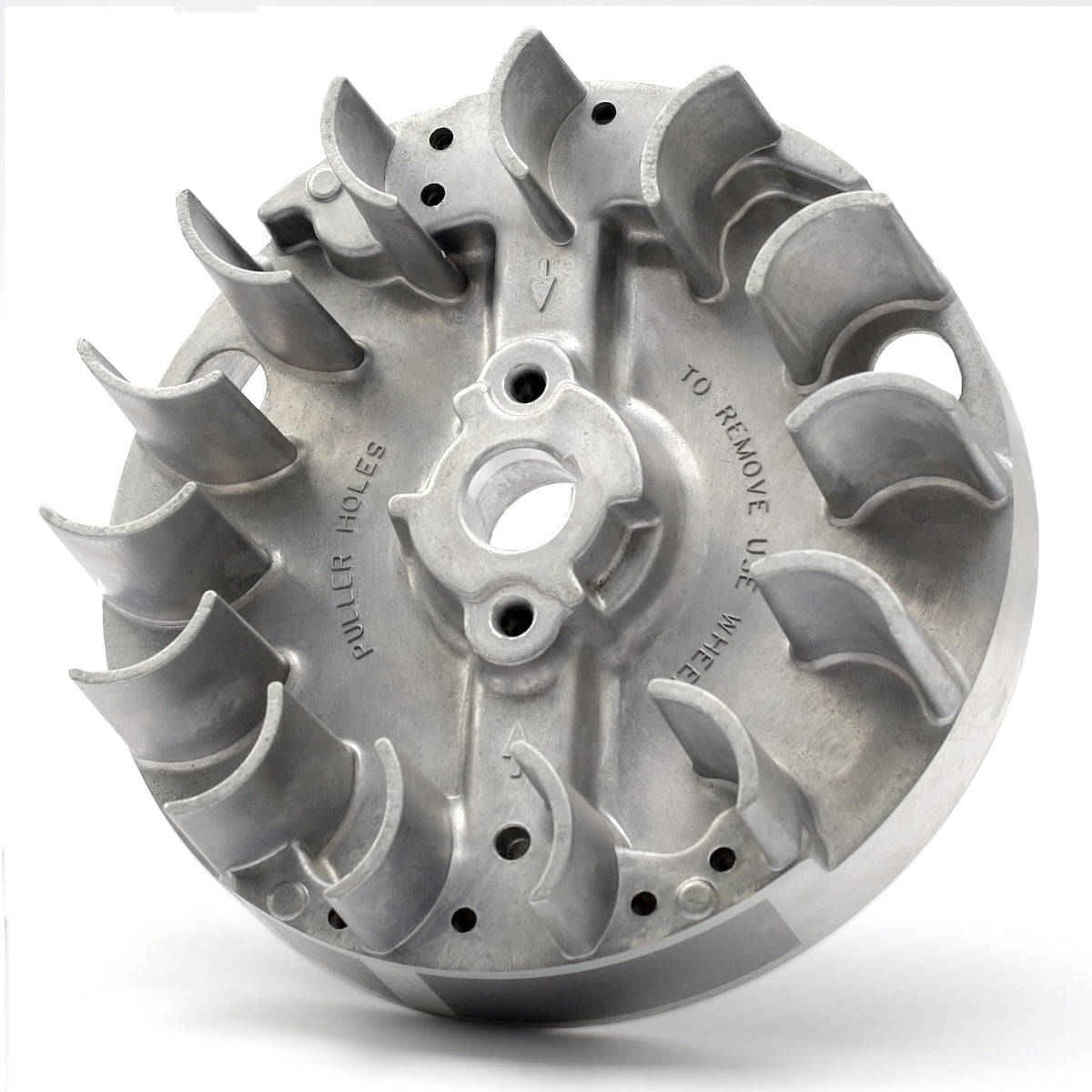 Mhrxusd 590544 flywheel for Briggs & Stratton lawn mower, close-up of sturdy steel build