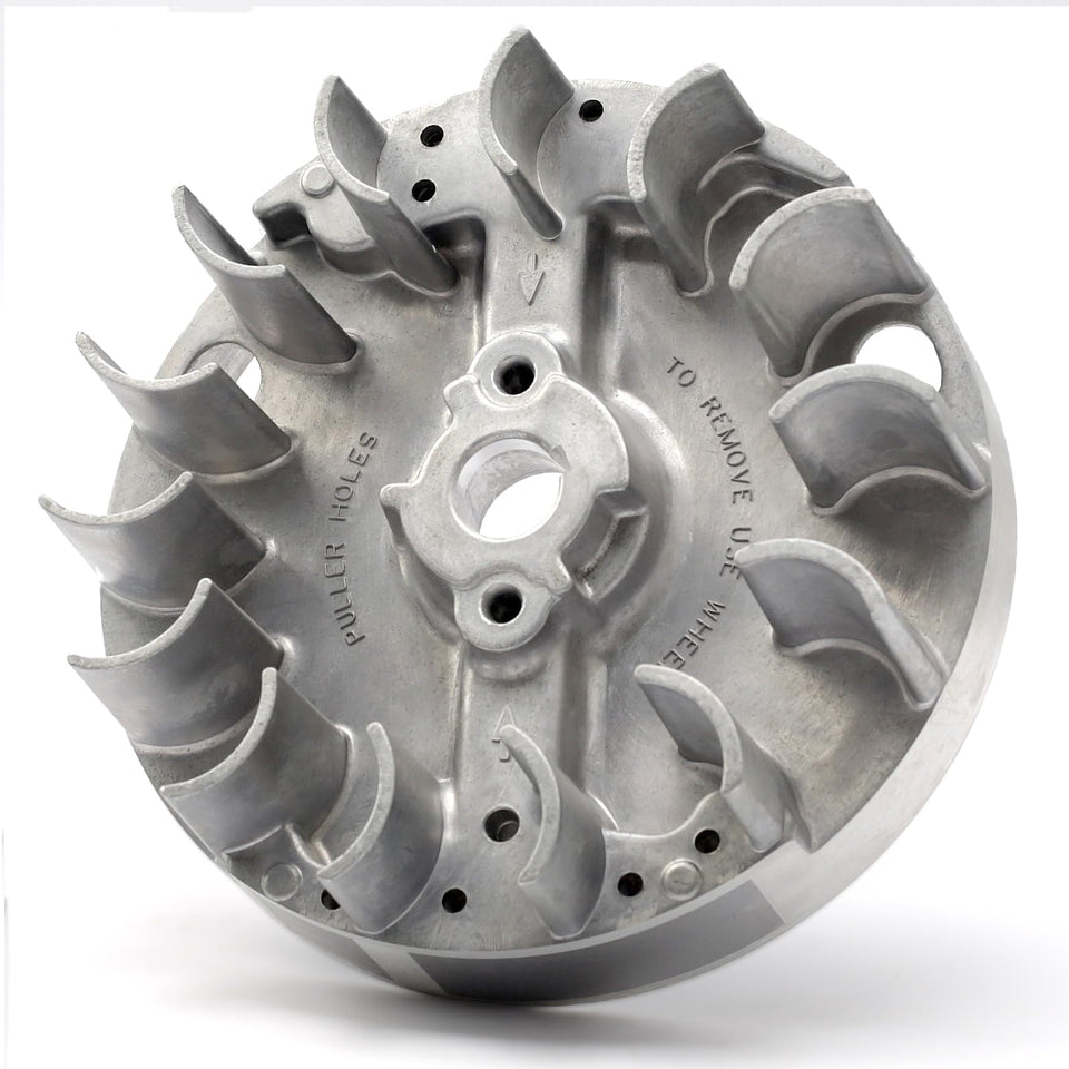 Mhrxusd 590544 flywheel for Briggs & Stratton lawn mower, close-up of sturdy steel build