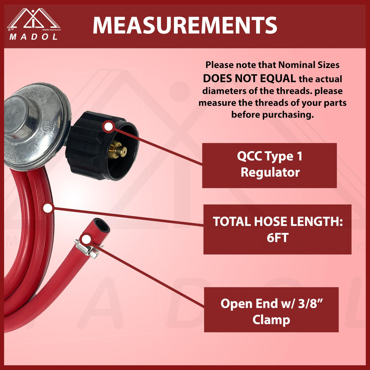 MI MADOL QCC type 1 regulator connection for safe propane hookup.