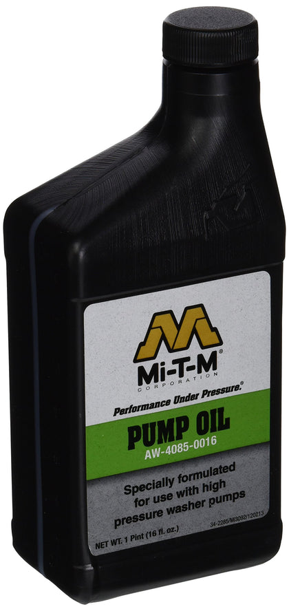 Mi-T-M pump oil bottle for pressure washers, supports smooth operation.