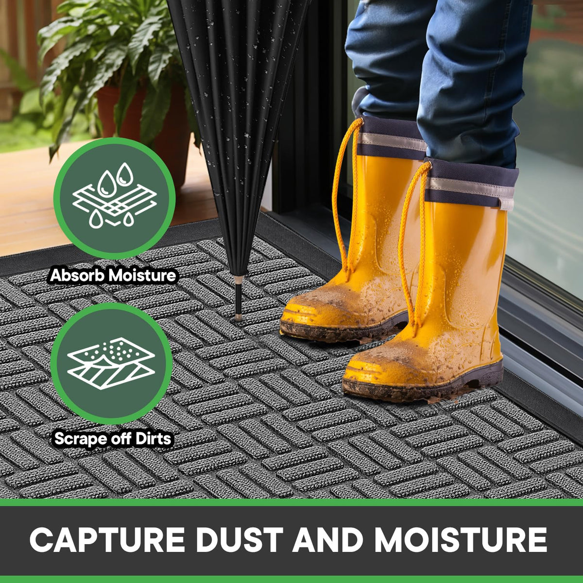 Mibao welcome mat for outdoor and indoor use traps dirt and keeps floors dry.