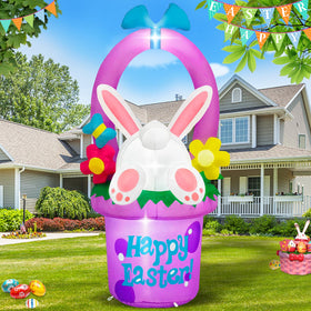 MICOCAH Easter inflatable bunny peeking from flower basket with LED lights for festive outdoor display.