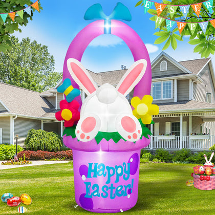 MICOCAH Easter inflatable bunny peeking from flower basket with LED lights for festive outdoor display.