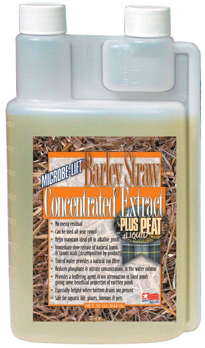 Microbe-Lift barley straw extract bottle pour improves pond clarity and supports koi-safe water conditioning.