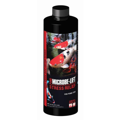 Microbe-Lift Stress Relief with Aloe Vera for ponds treatment bottle pouring into pond water to support slime coat