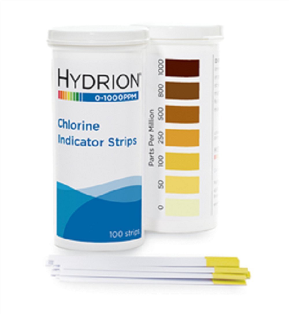 MicroEssential Hydrion CH-1000 chlorine test strips in a vial showing 0-1000 ppm range for sanitizers