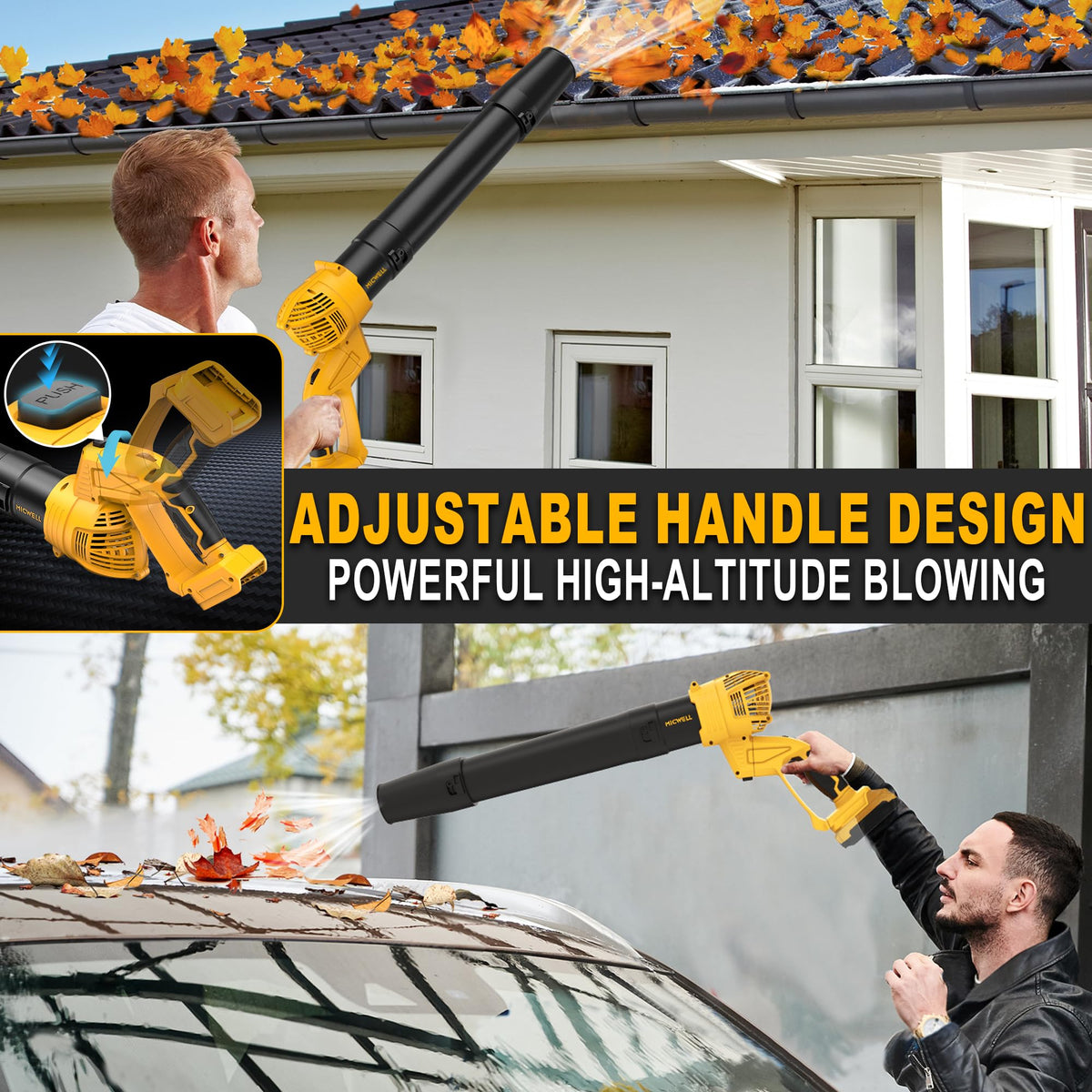 MICWELL cordless blower extension tube enabling longer reach on porches.