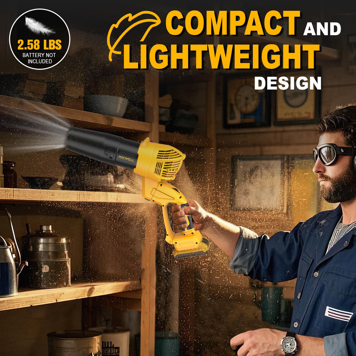MICWELL blower weighs 2.58 lbs for comfortable one-handed operation.