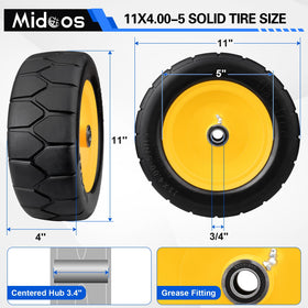 Midcos 11x4-5 flat-free tire side view suited for maintenance-free performance.