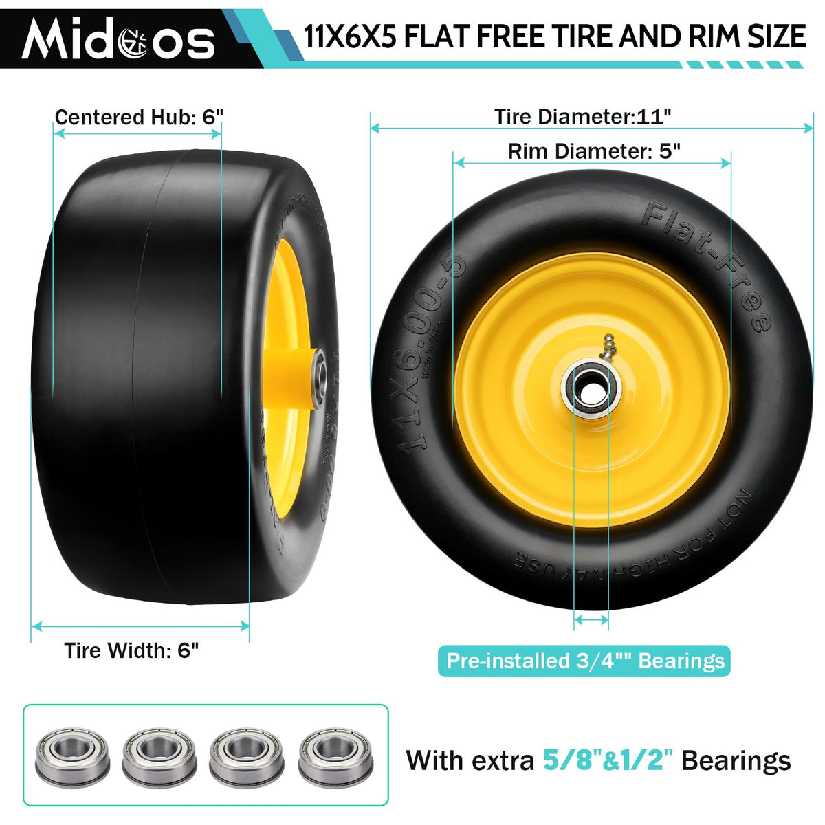 Midcos 11x6.00-5 flat free tire front view for maintenance-free mowing