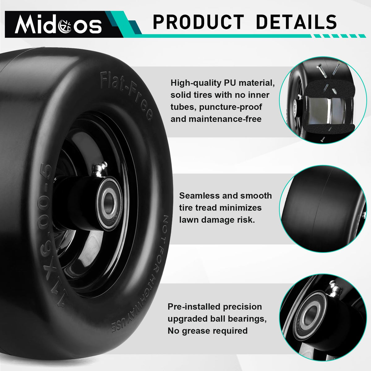 Midcos 11x6-00-5 flat-free tire being installed with hub alignment.