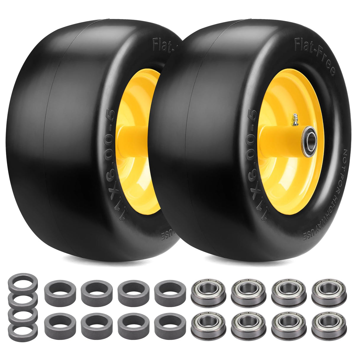 Midcos 11x6.00-5 flat free tire side view showing puncture-proof durability