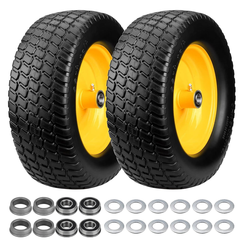 Midcos 15x6-6 flat-free front tire close-up showing puncture-resistant design for mowing