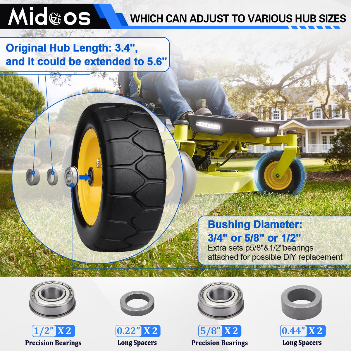 Midcos centered hub with adjustable 3.4-5.6-inch length for compatibility.