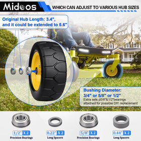 Midcos centered hub with adjustable 3.4-5.6-inch length for compatibility.